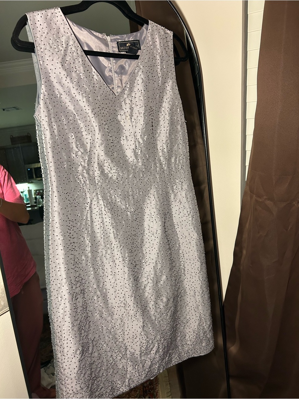 British Khaki Lilac Beaded Sleeveless V-Neck Midi Dress